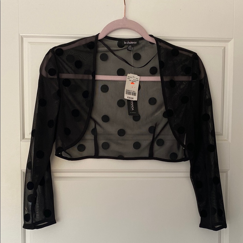 Black Sheer Polka Dot Crop open top Sz small NWT by Le Chateau